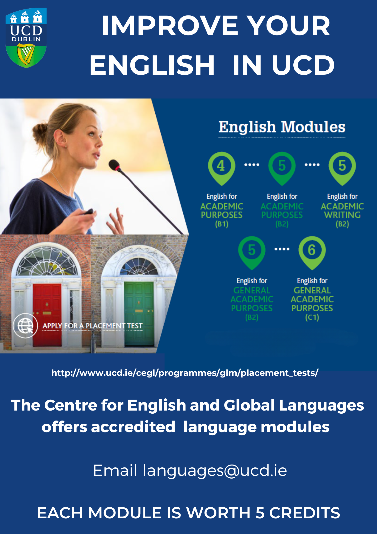 Image of woman presenting and list of English modules on offer